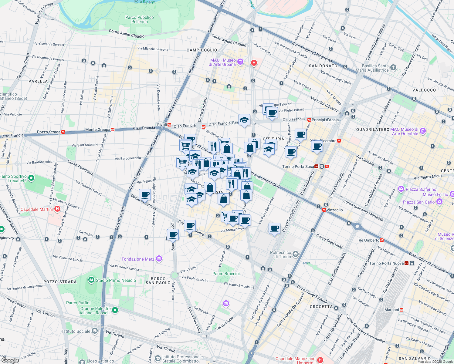 map of restaurants, bars, coffee shops, grocery stores, and more near 1-11 Via Cavallermaggiore in Torino