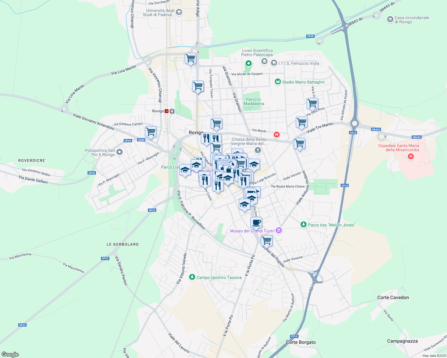 map of restaurants, bars, coffee shops, grocery stores, and more near 144 Corso del Popolo in Rovigo
