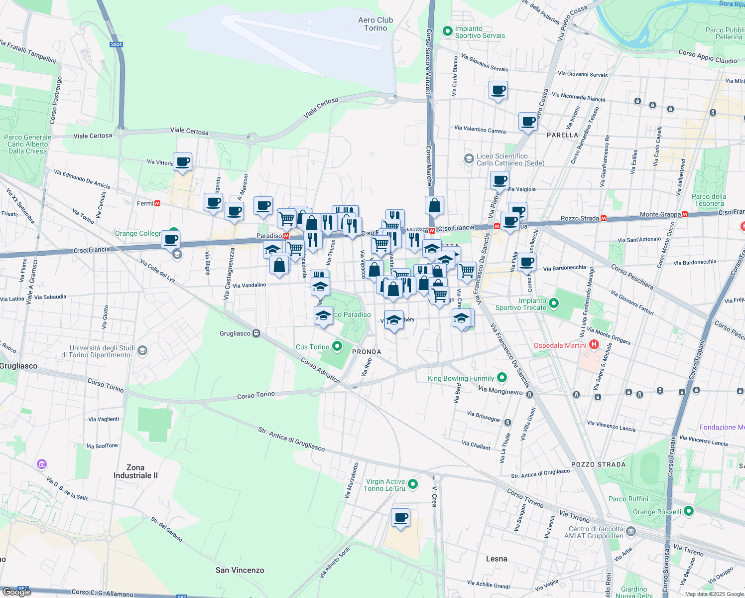 map of restaurants, bars, coffee shops, grocery stores, and more near 45 Via Rieti in Torino