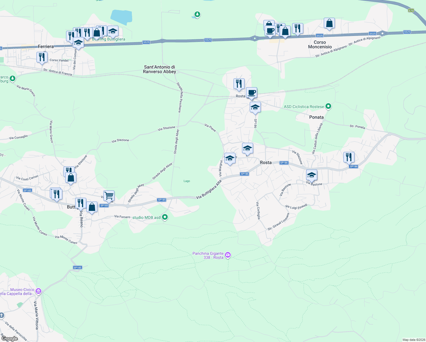 map of restaurants, bars, coffee shops, grocery stores, and more near 29 Via Margrot in Rosta