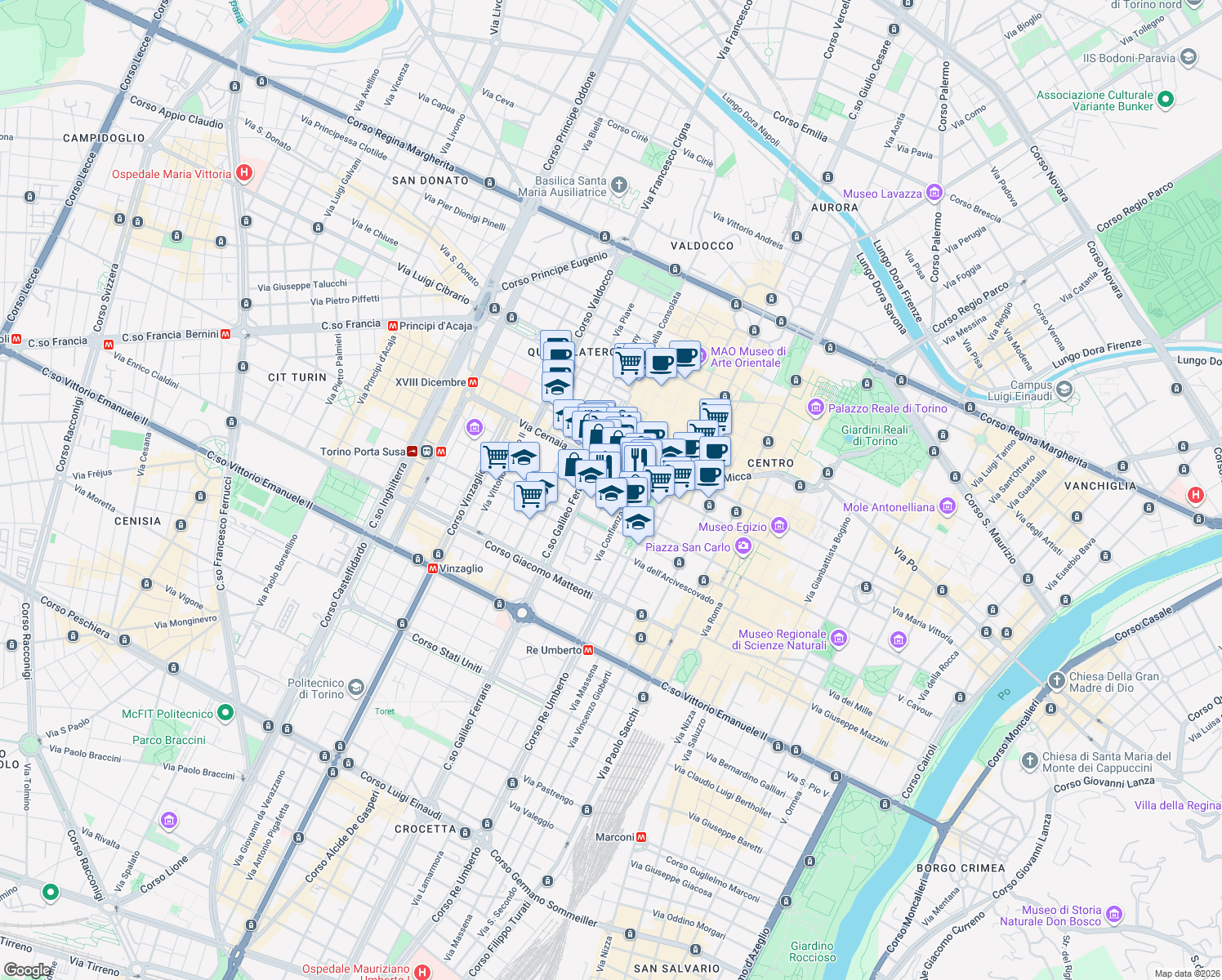 map of restaurants, bars, coffee shops, grocery stores, and more near 2 Via Luigi Mercantini in Turin