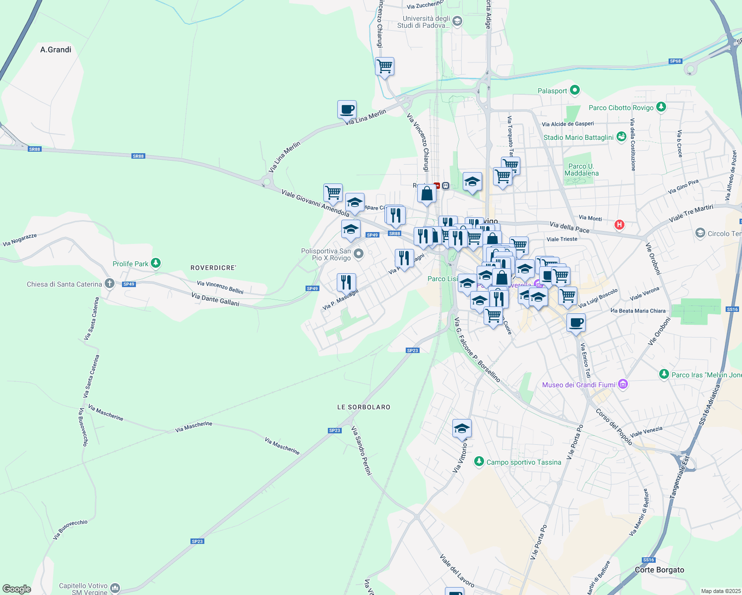 map of restaurants, bars, coffee shops, grocery stores, and more near 5 Via Antonio Vivaldi in Rovigo