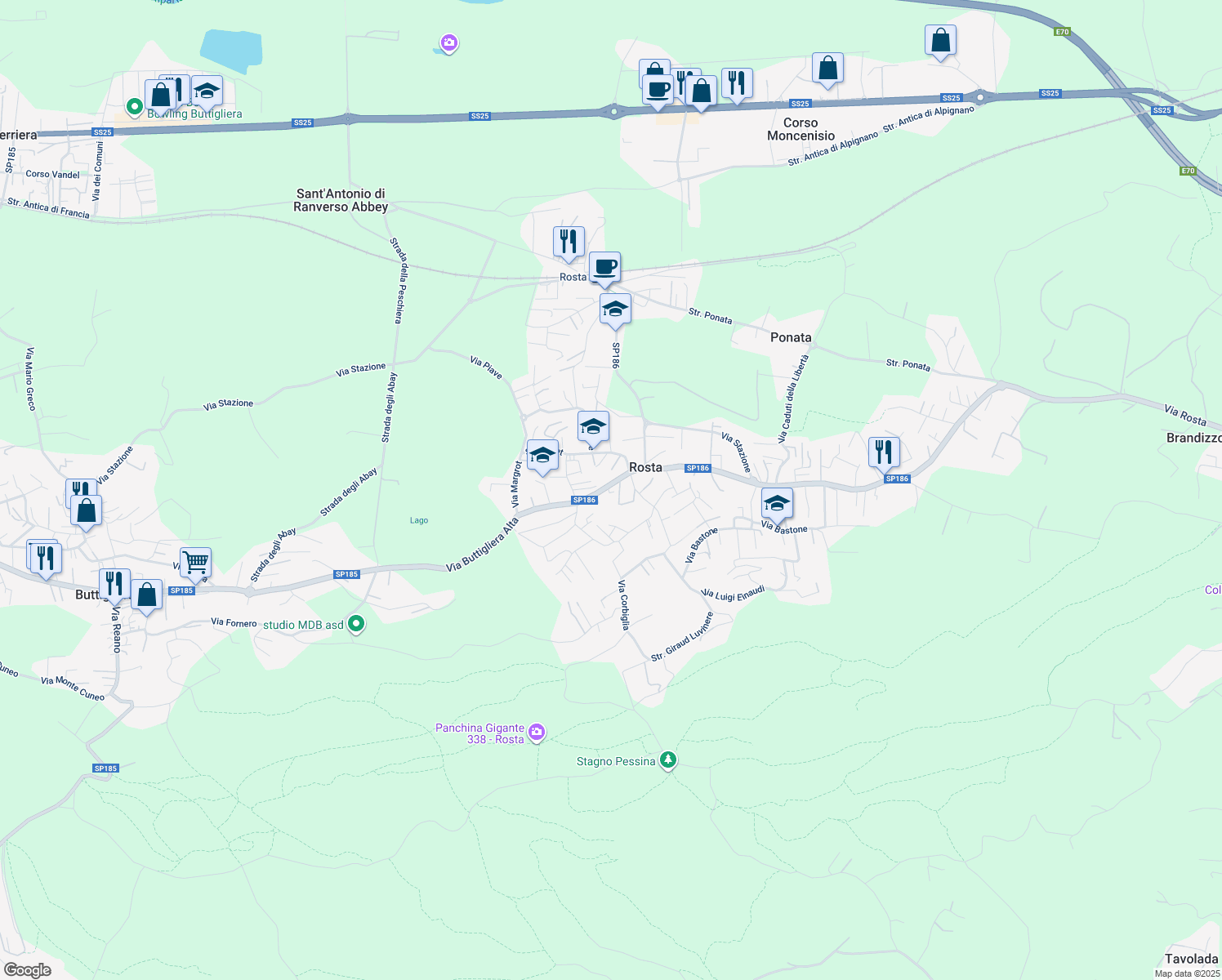 map of restaurants, bars, coffee shops, grocery stores, and more near 15A Via Buttigliera Alta in Rosta