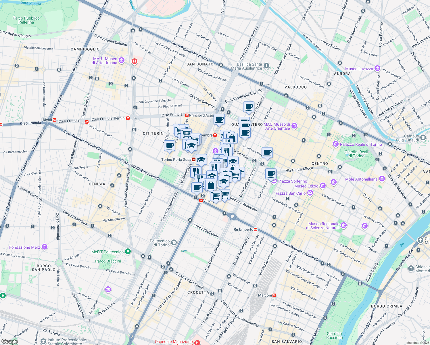 map of restaurants, bars, coffee shops, grocery stores, and more near 12 Corso Vinzaglio in Turin