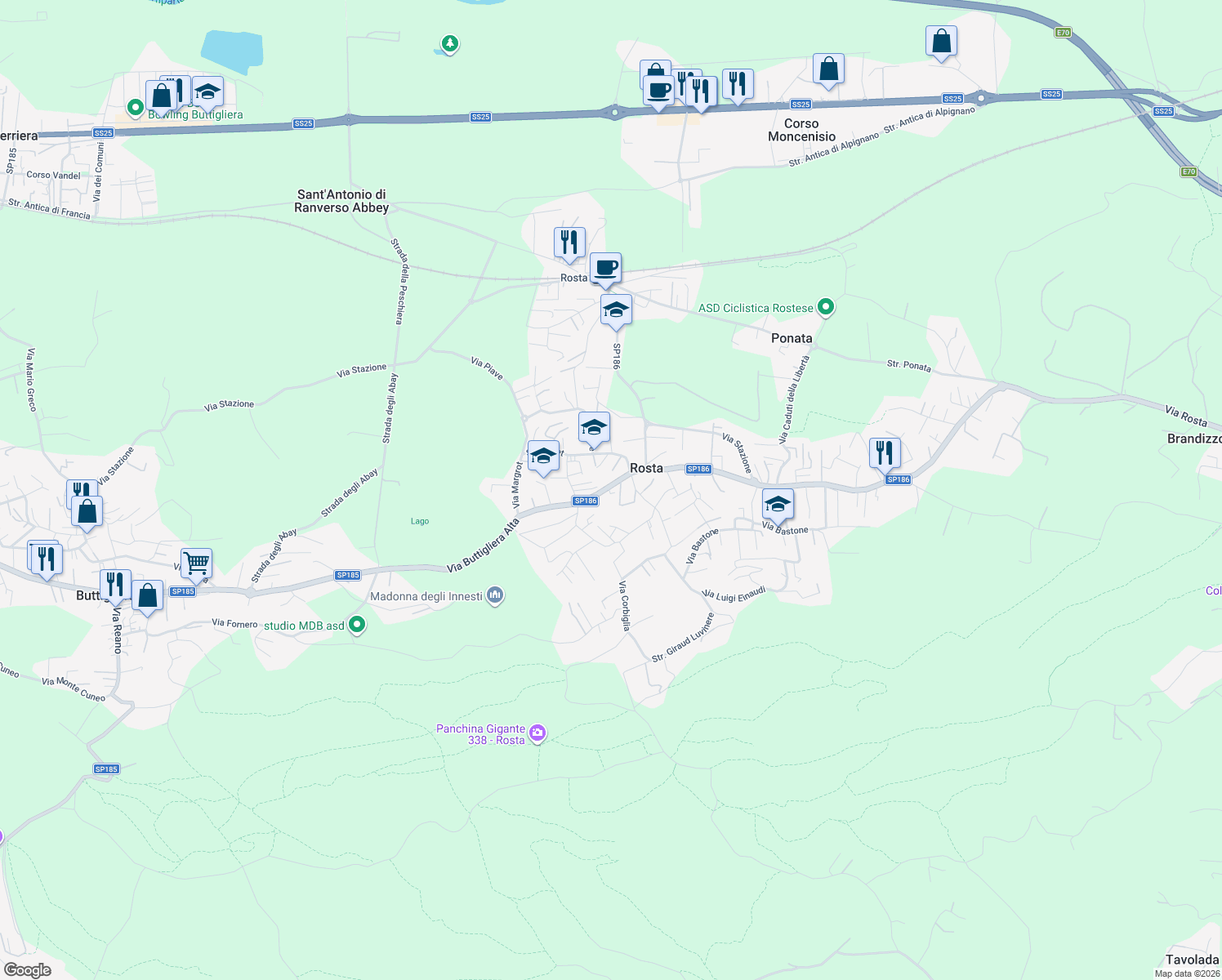 map of restaurants, bars, coffee shops, grocery stores, and more near 15A Via Buttigliera Alta in Rosta