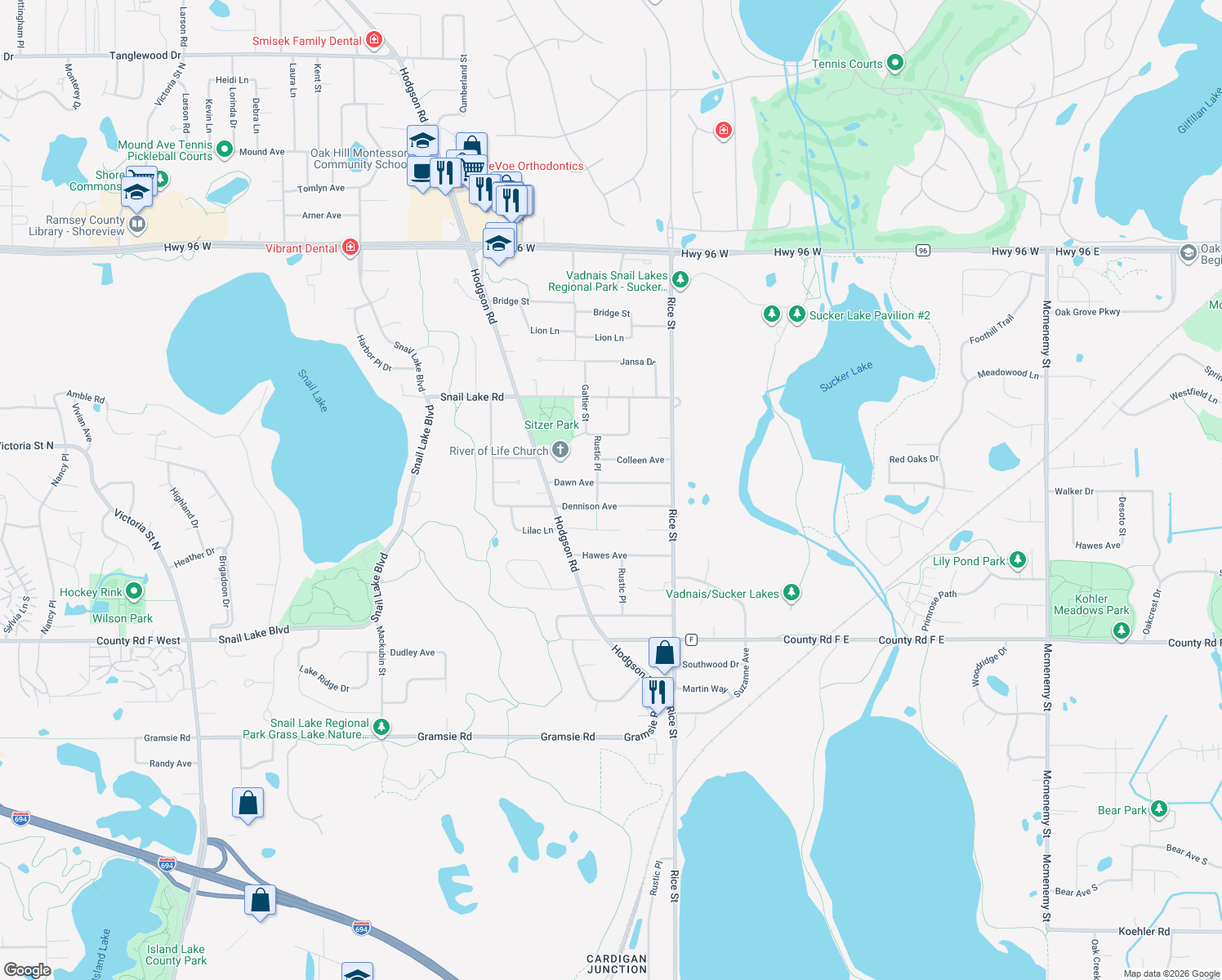 map of restaurants, bars, coffee shops, grocery stores, and more near 218 Dawn Avenue in Shoreview