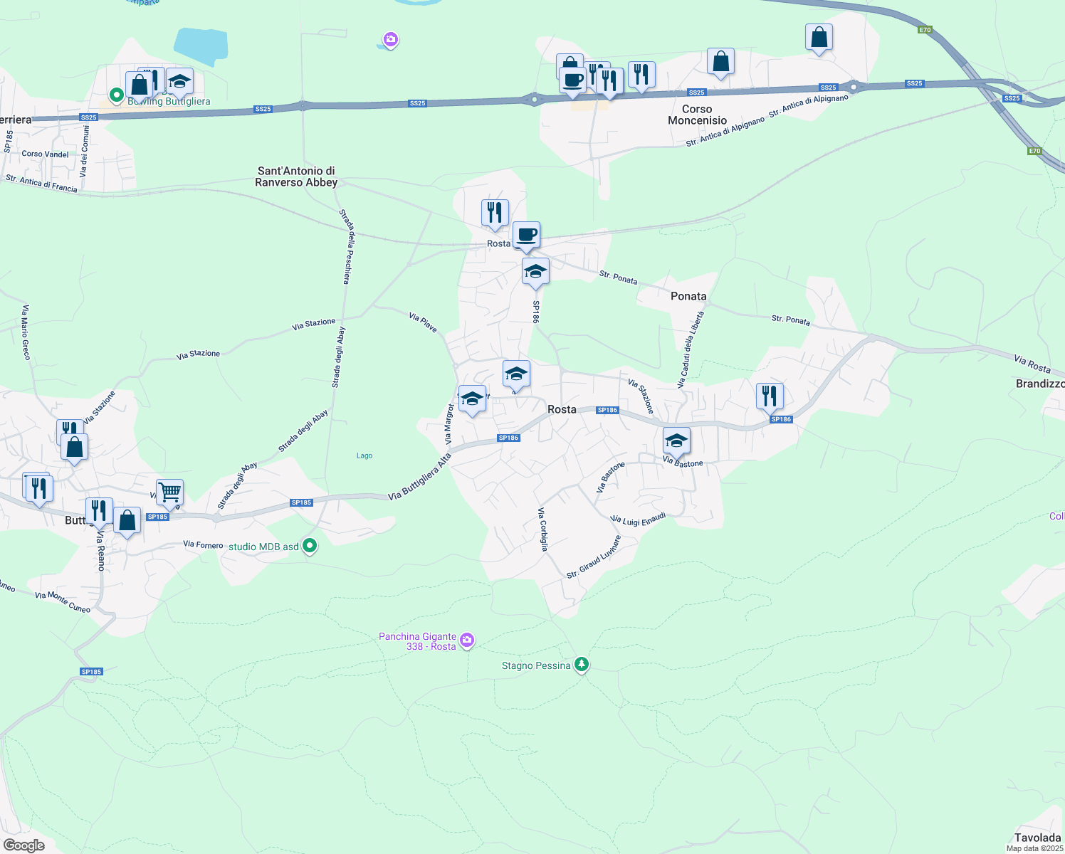 map of restaurants, bars, coffee shops, grocery stores, and more near 15A Via Buttigliera Alta in Rosta