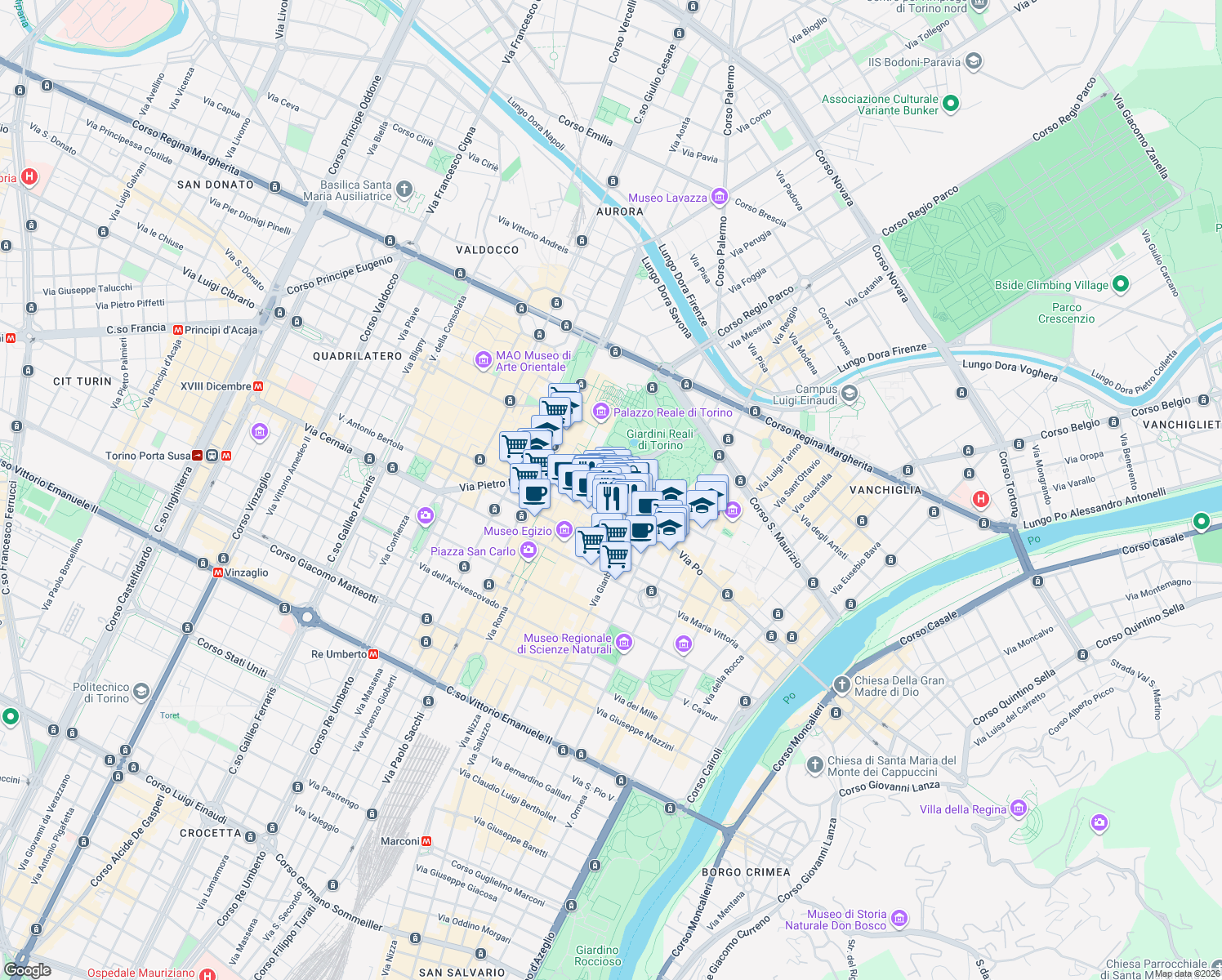 map of restaurants, bars, coffee shops, grocery stores, and more near in Metropolitan City of Turin