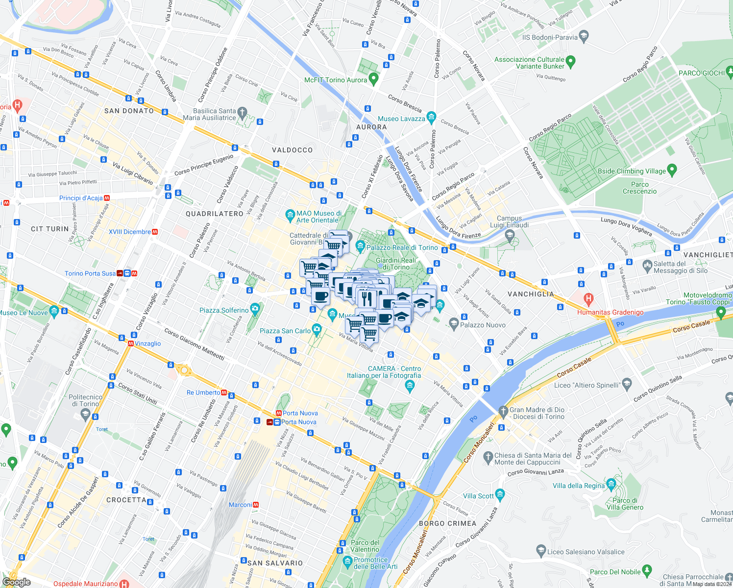 map of restaurants, bars, coffee shops, grocery stores, and more near 1 Piazza Castello in Torino