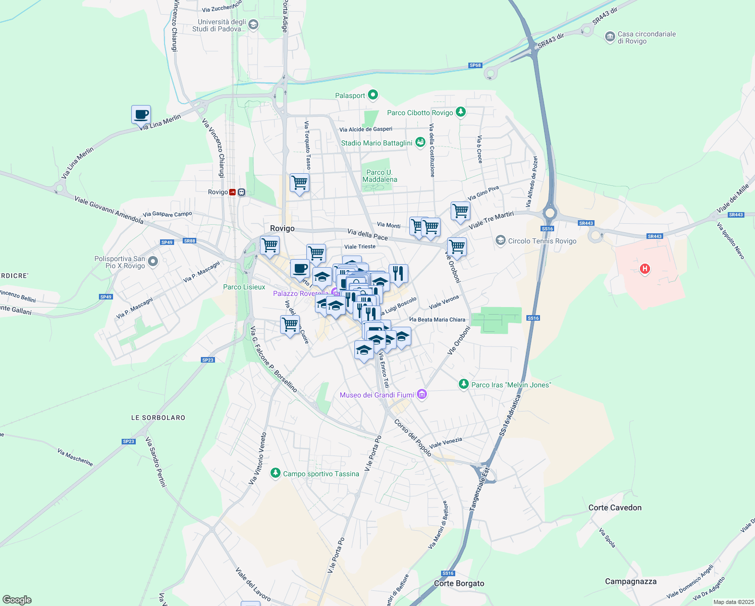 map of restaurants, bars, coffee shops, grocery stores, and more near 7 Piazza Umberto Merlin in Rovigo