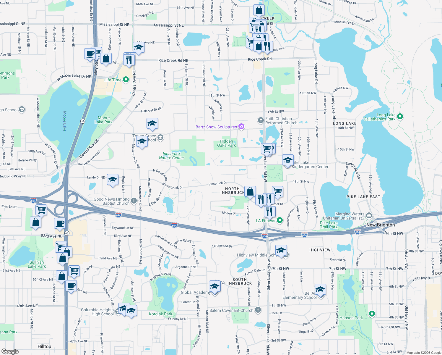 map of restaurants, bars, coffee shops, grocery stores, and more near 3041 13th Terrace Northwest in New Brighton