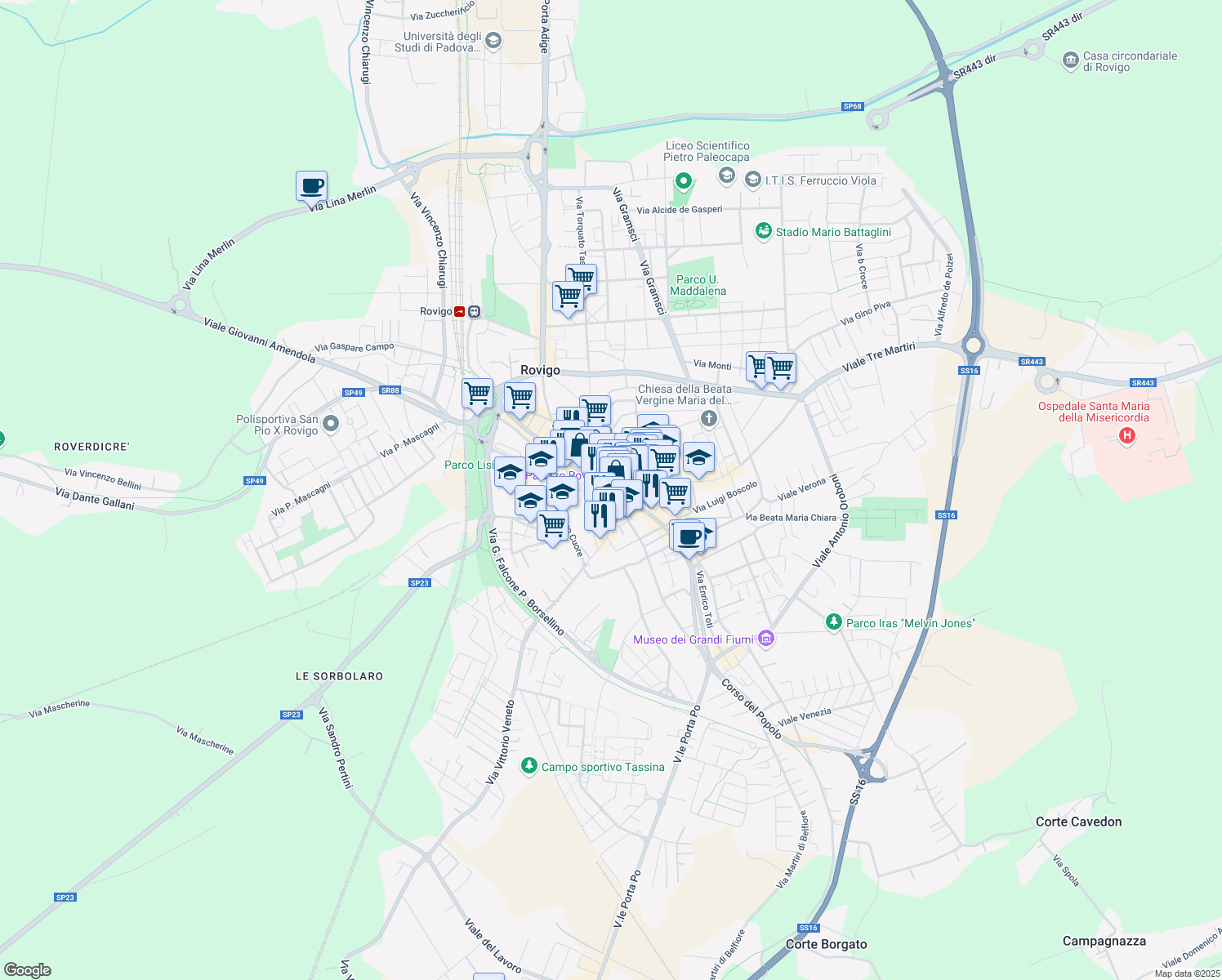 map of restaurants, bars, coffee shops, grocery stores, and more near 144 Corso del Popolo in Rovigo
