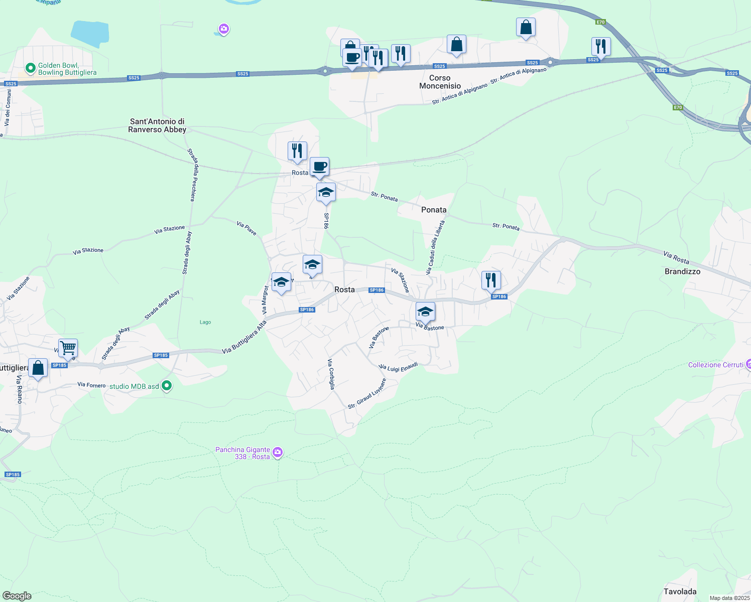 map of restaurants, bars, coffee shops, grocery stores, and more near 11 Via Gabriele d'Annunzio in Rosta