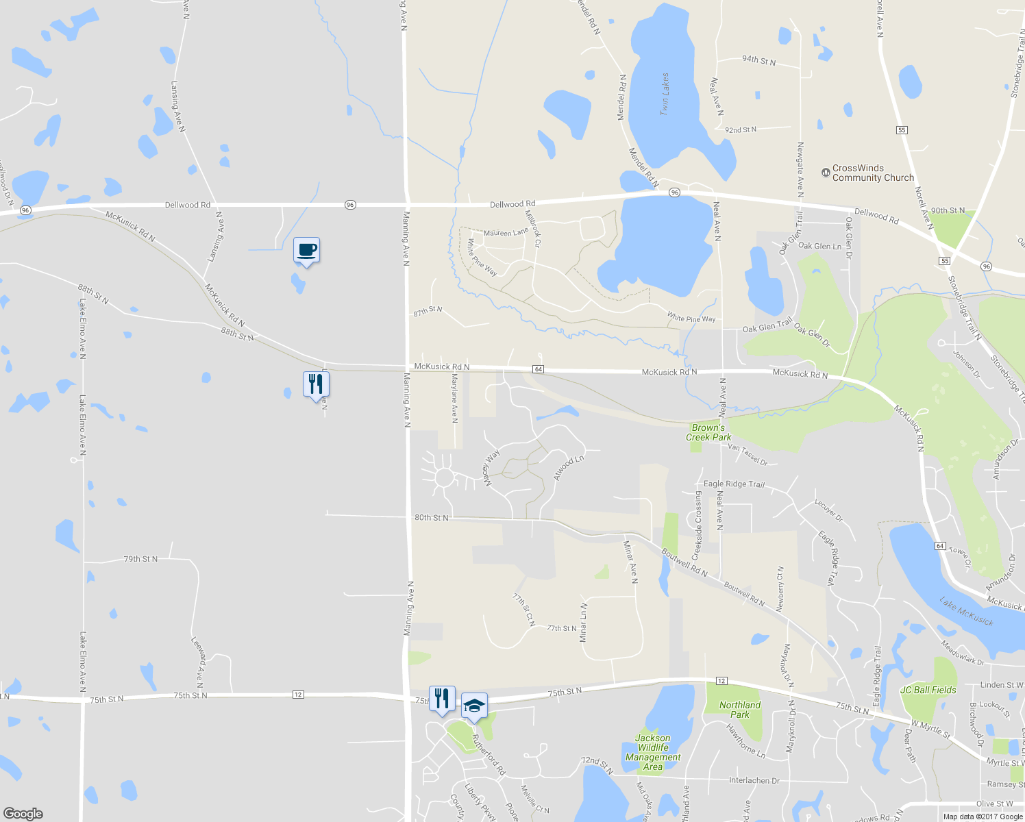 map of restaurants, bars, coffee shops, grocery stores, and more near 1420 Macey Way in Stillwater