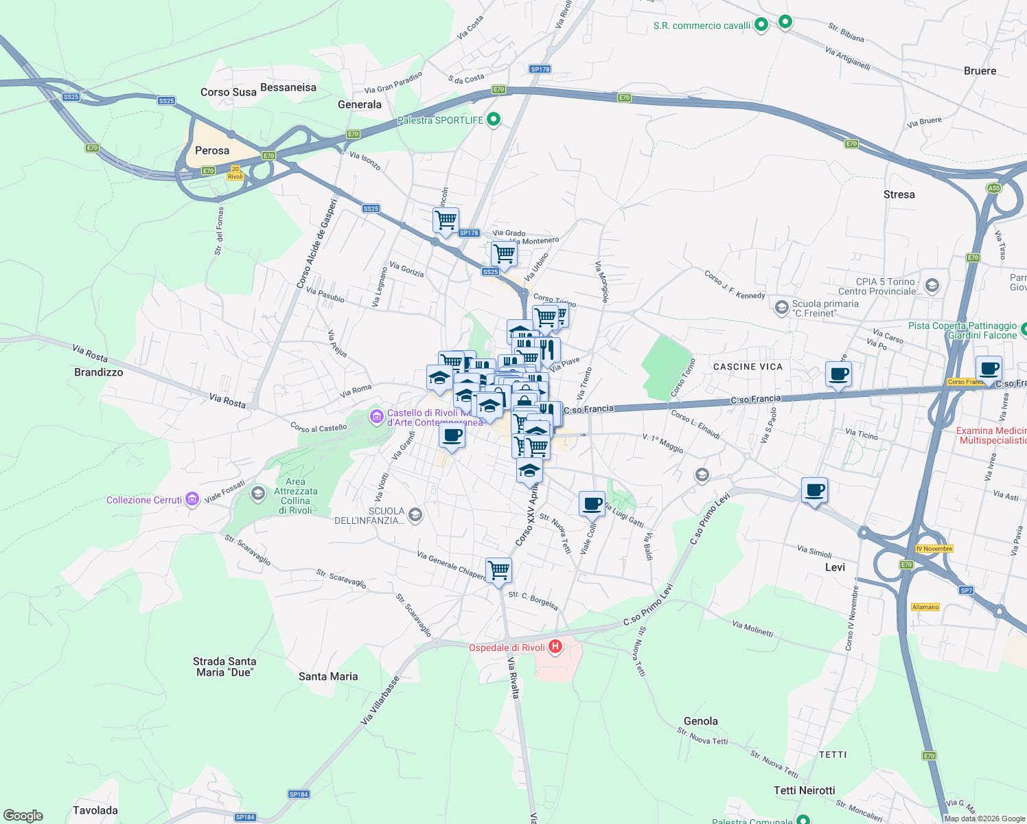 map of restaurants, bars, coffee shops, grocery stores, and more near 52C Via Fratelli Piol in Rivoli