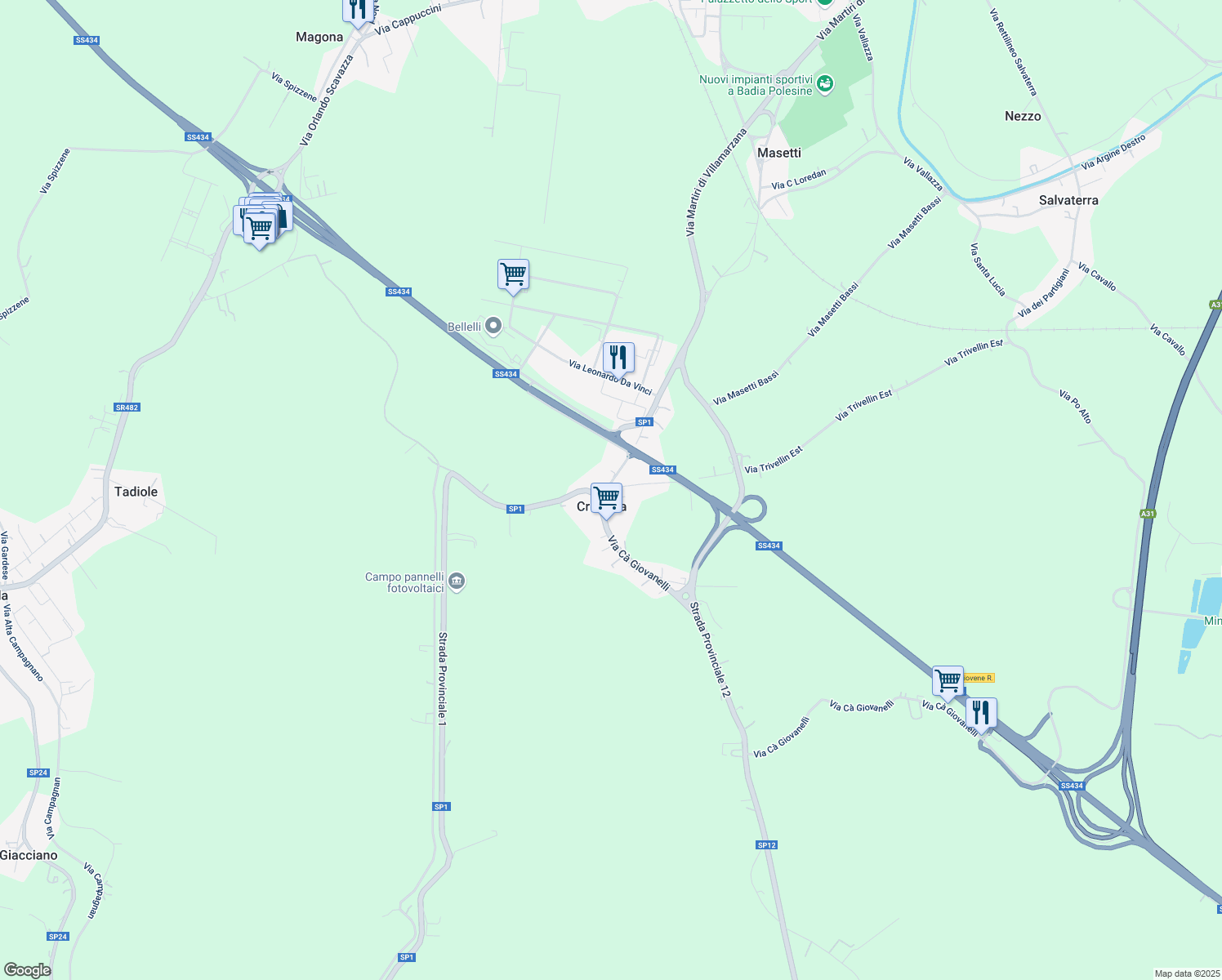 map of restaurants, bars, coffee shops, grocery stores, and more near 23 Via Trivellin Ovest in Crocetta