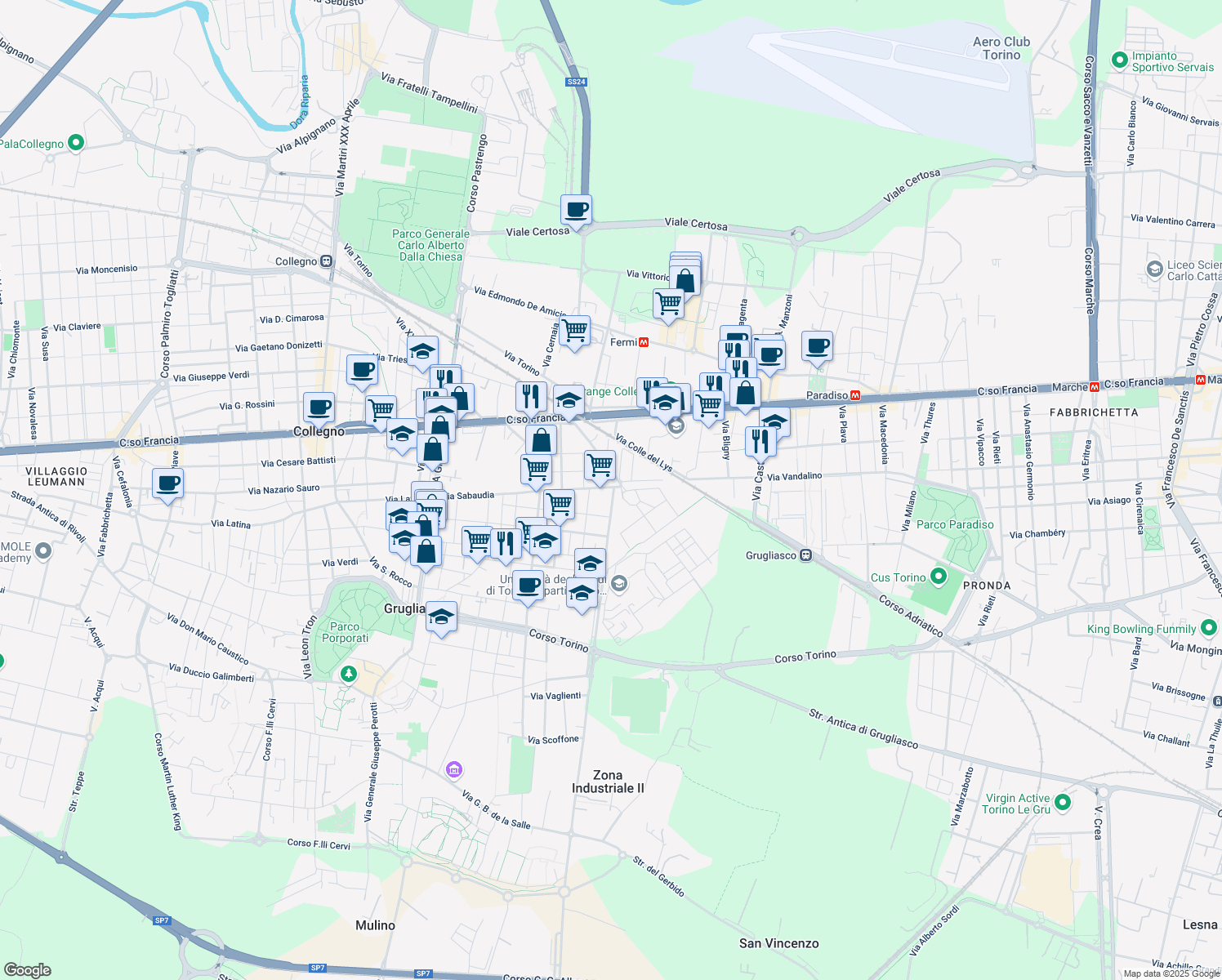 map of restaurants, bars, coffee shops, grocery stores, and more near 130 Via Sabaudia in Grugliasco