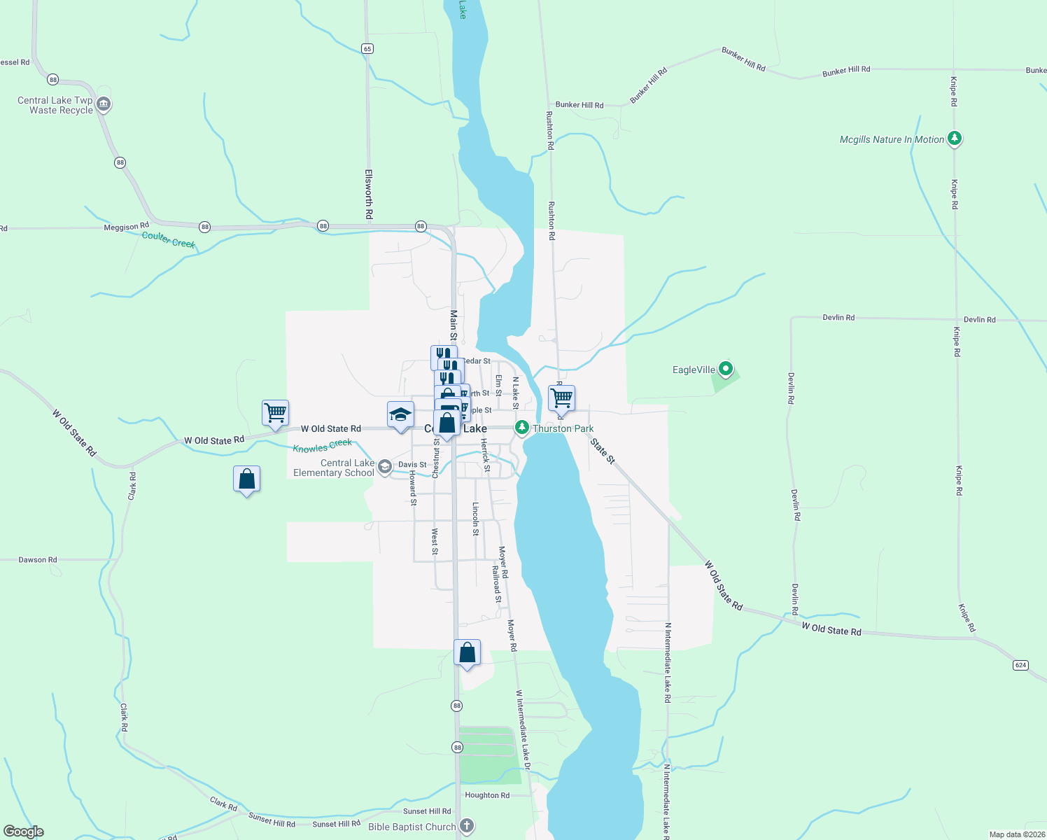 map of restaurants, bars, coffee shops, grocery stores, and more near 7786 West Old State Road in Central Lake