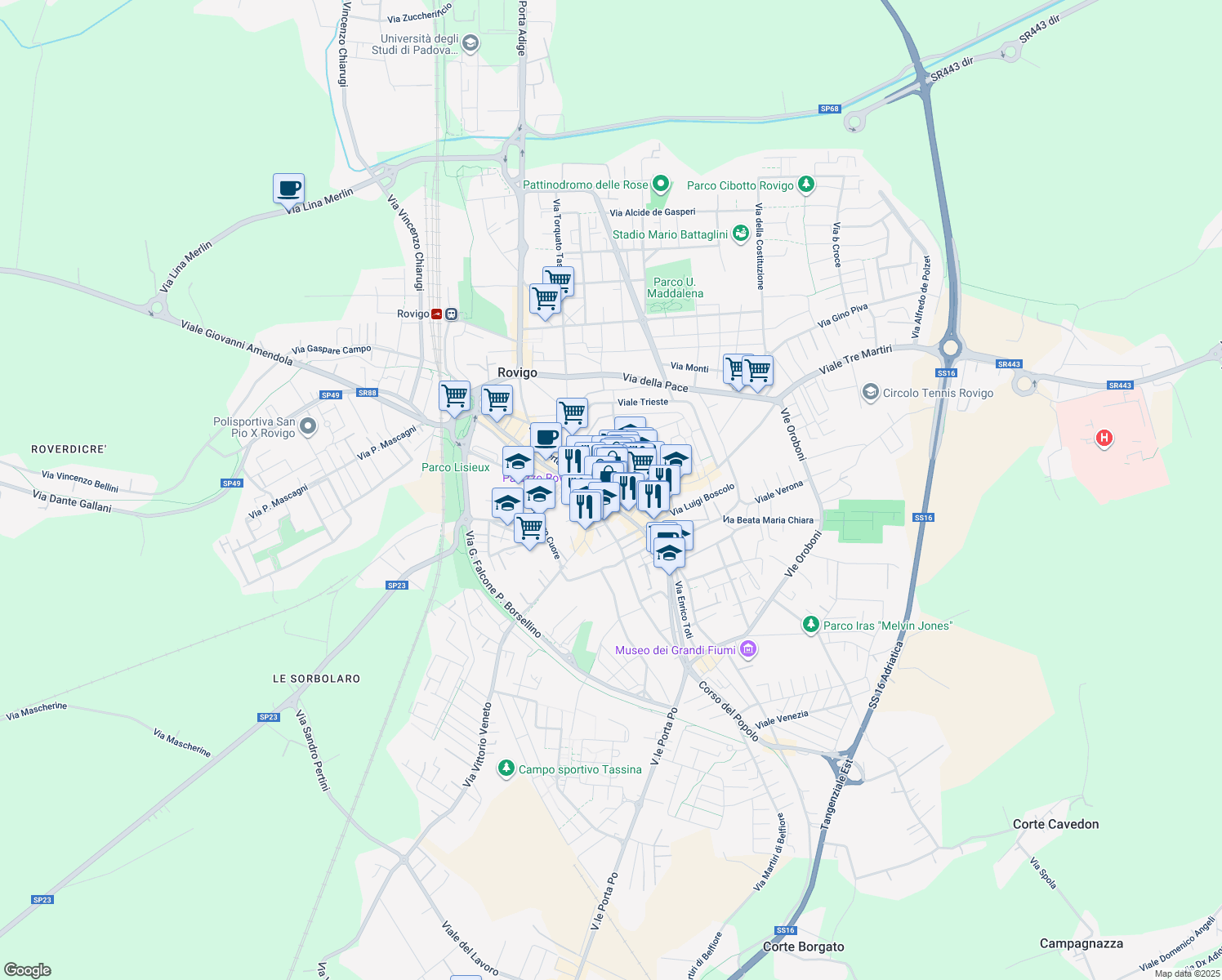 map of restaurants, bars, coffee shops, grocery stores, and more near 39 Piazza Vittorio Emanuele in Rovigo