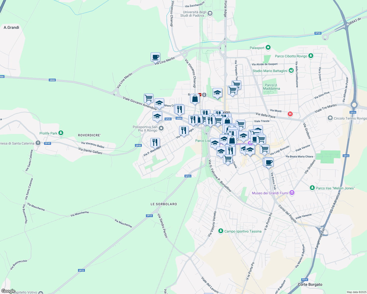 map of restaurants, bars, coffee shops, grocery stores, and more near 19 Via Arturo Toscanini in Rovigo