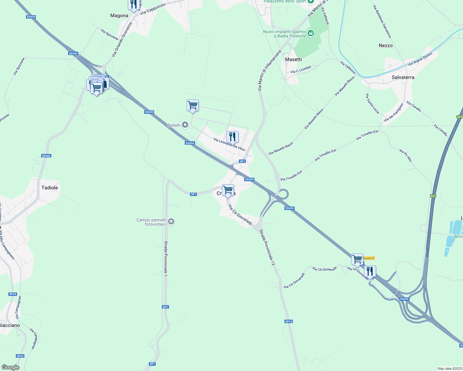 map of restaurants, bars, coffee shops, grocery stores, and more near 23 Via Trivellin Ovest in Crocetta