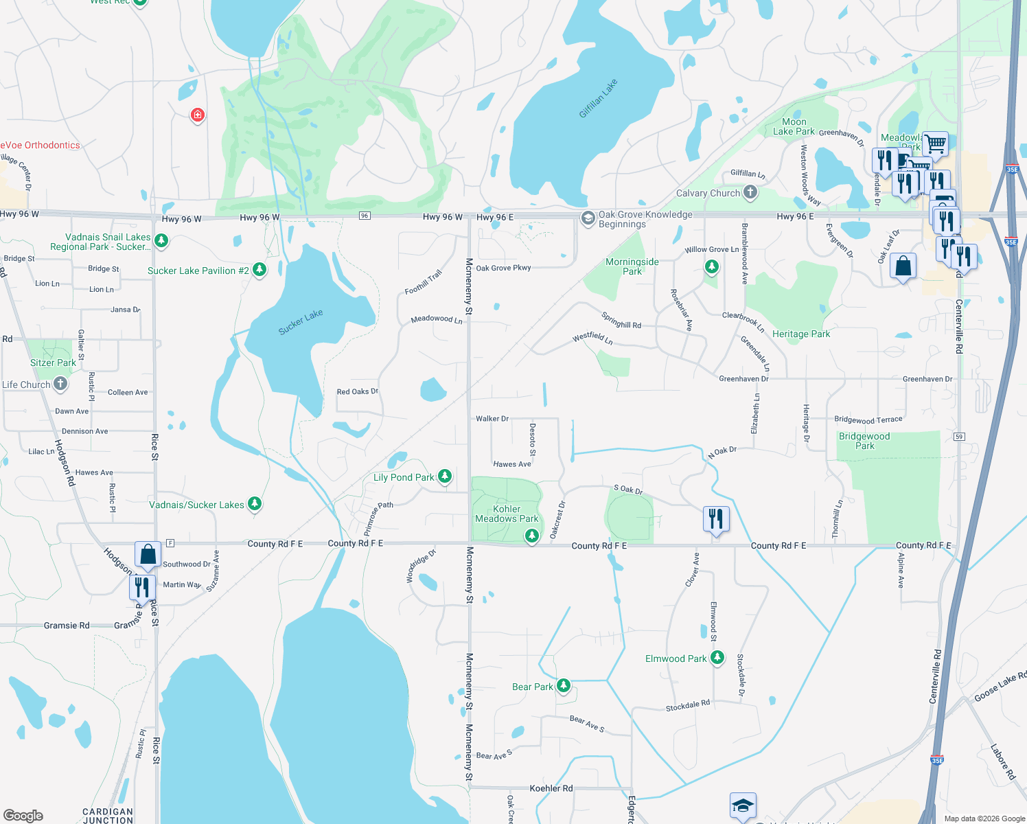 map of restaurants, bars, coffee shops, grocery stores, and more near 423 Walker Drive in Vadnais Heights