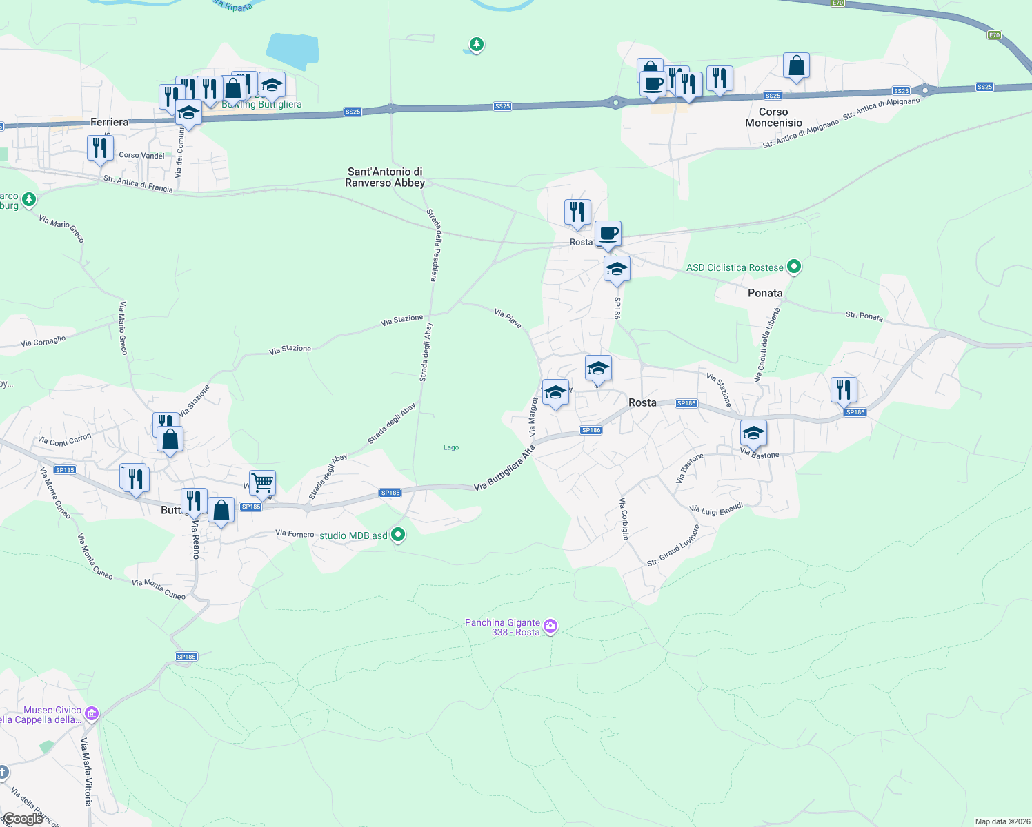map of restaurants, bars, coffee shops, grocery stores, and more near 29 Via Margrot in Rosta