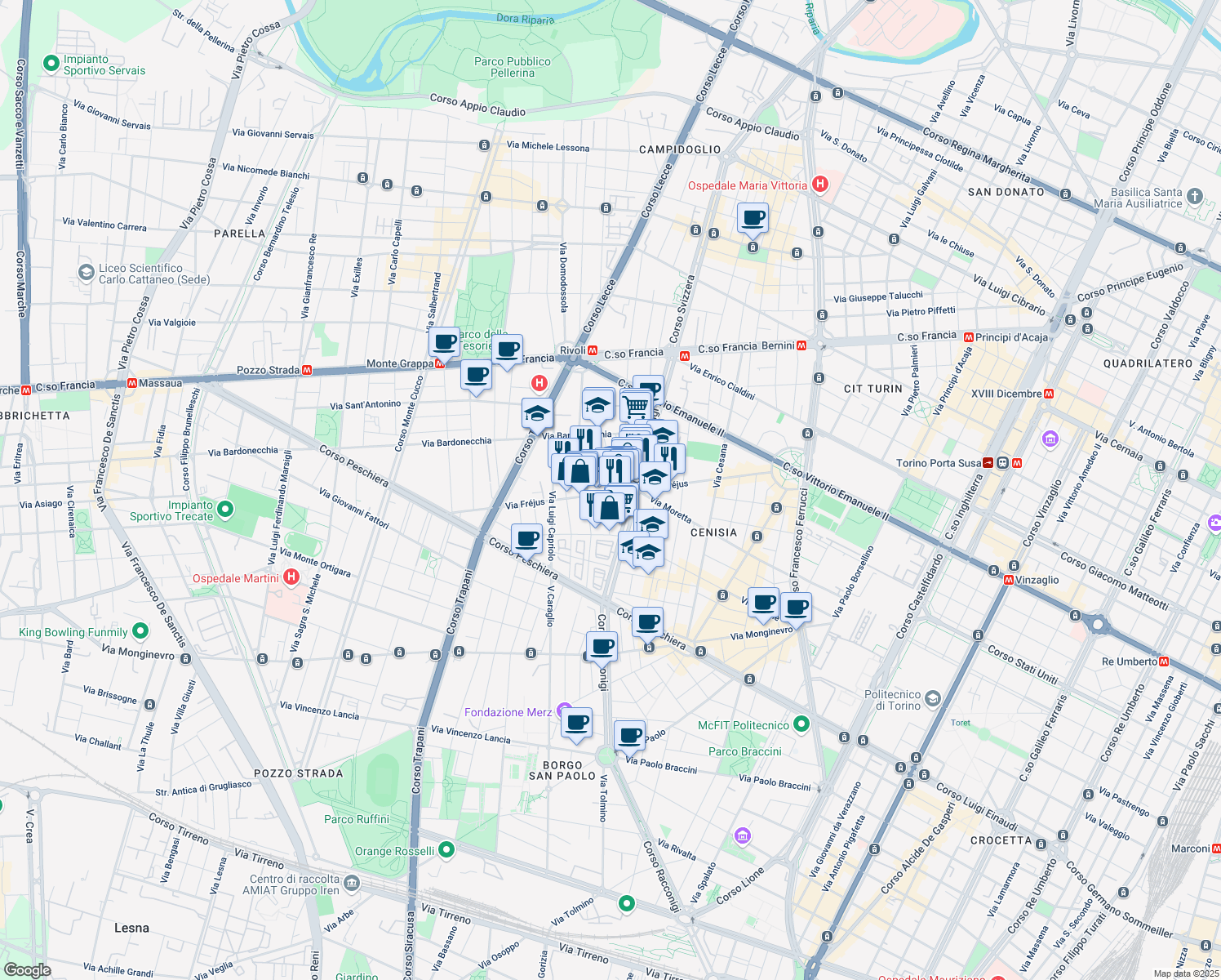 map of restaurants, bars, coffee shops, grocery stores, and more near 80 Via Fréjus in Torino
