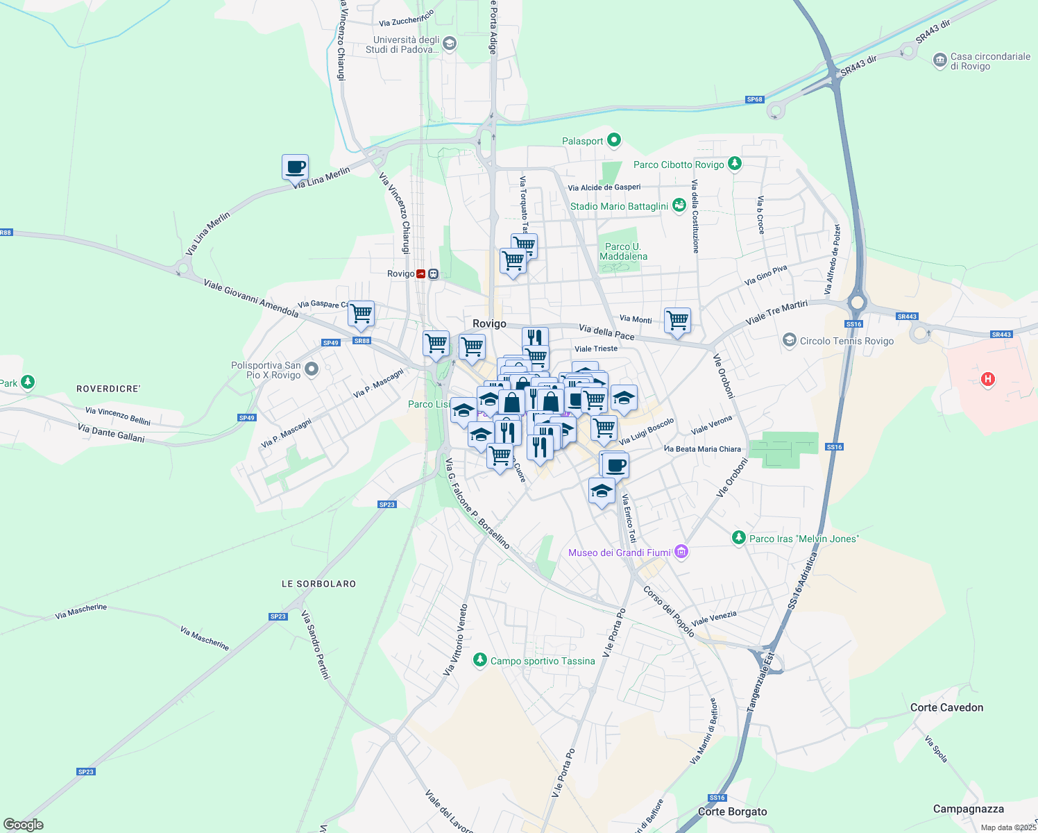 map of restaurants, bars, coffee shops, grocery stores, and more near 4 Via Marcello Grimani in Rovigo