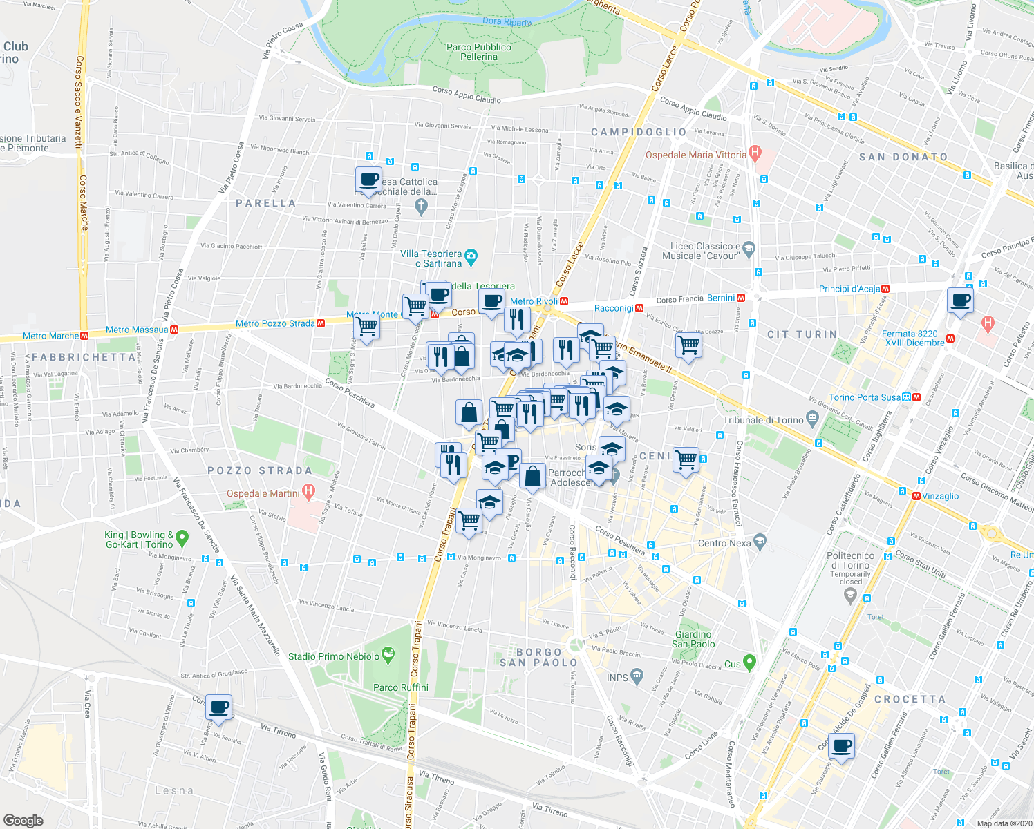 map of restaurants, bars, coffee shops, grocery stores, and more near in Turin