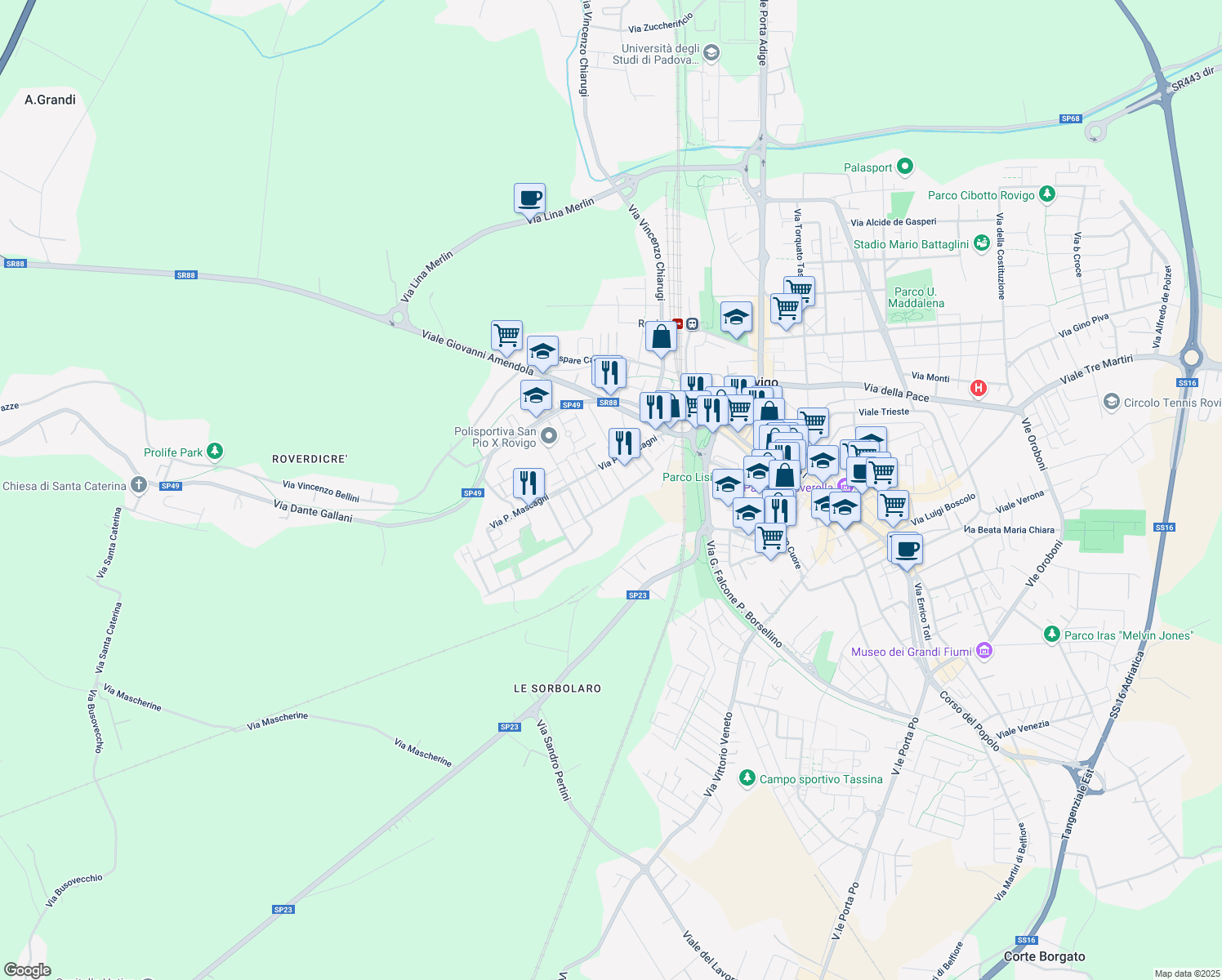 map of restaurants, bars, coffee shops, grocery stores, and more near 19 Via Arturo Toscanini in Rovigo