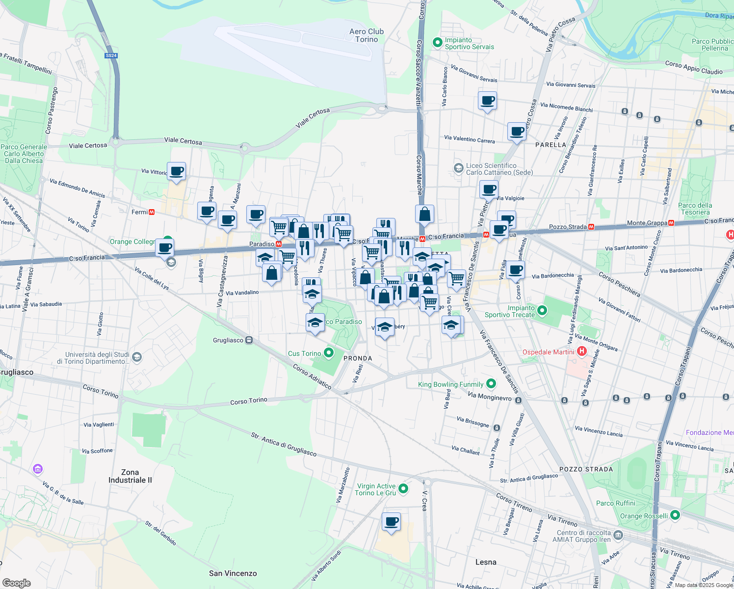 map of restaurants, bars, coffee shops, grocery stores, and more near 45 Via Rieti in Torino