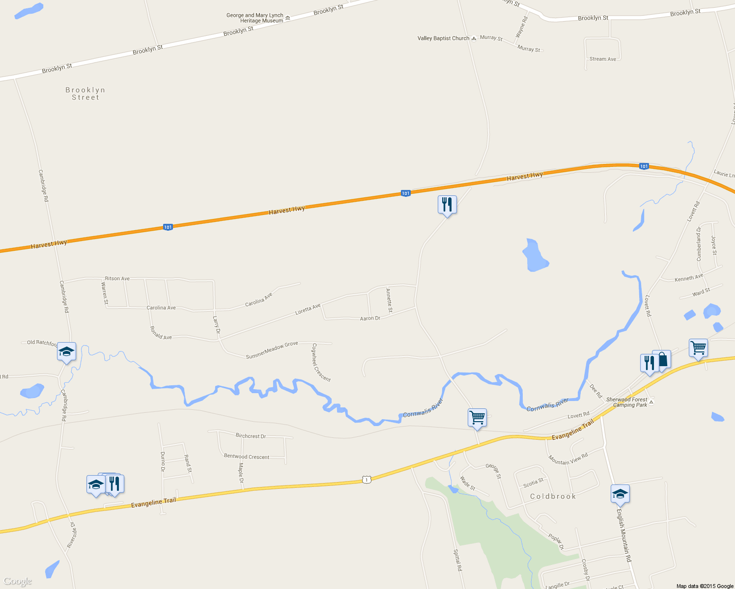 map of restaurants, bars, coffee shops, grocery stores, and more near 1579 Charlene Street in Coldbrook