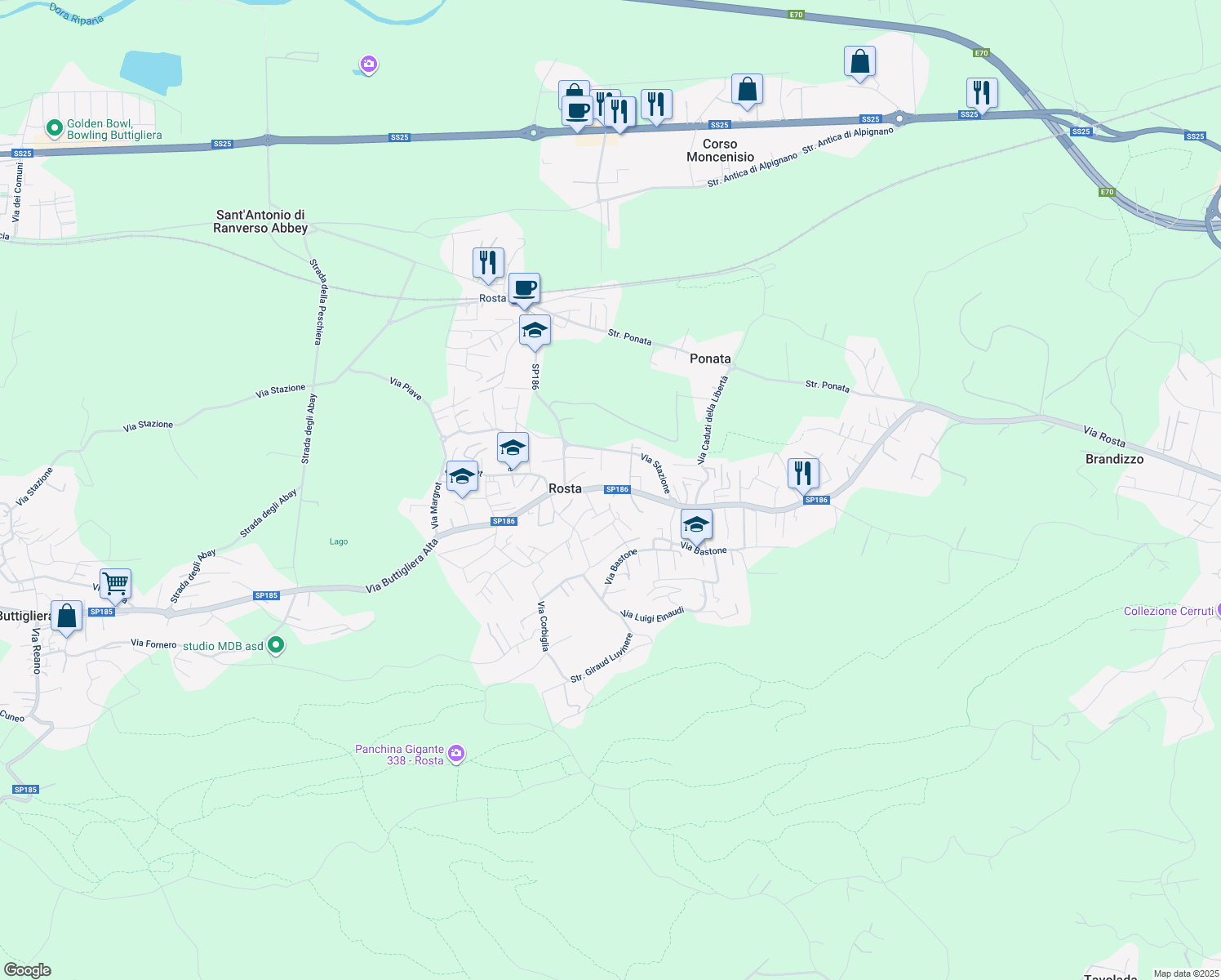 map of restaurants, bars, coffee shops, grocery stores, and more near 11 Via Gabriele d'Annunzio in Rosta