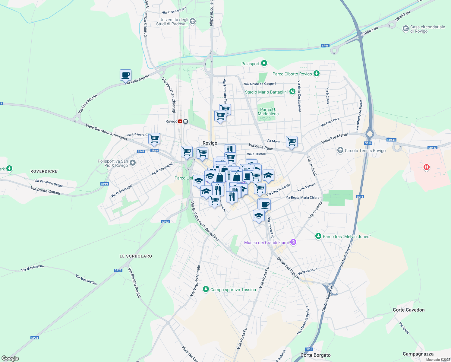 map of restaurants, bars, coffee shops, grocery stores, and more near 4 Via Marcello Grimani in Rovigo
