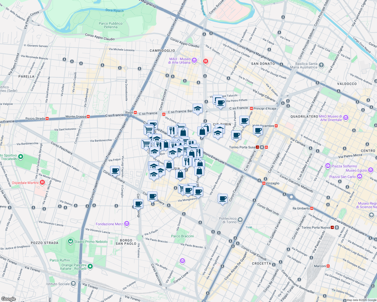 map of restaurants, bars, coffee shops, grocery stores, and more near 11 Via Cavallermaggiore in Turin