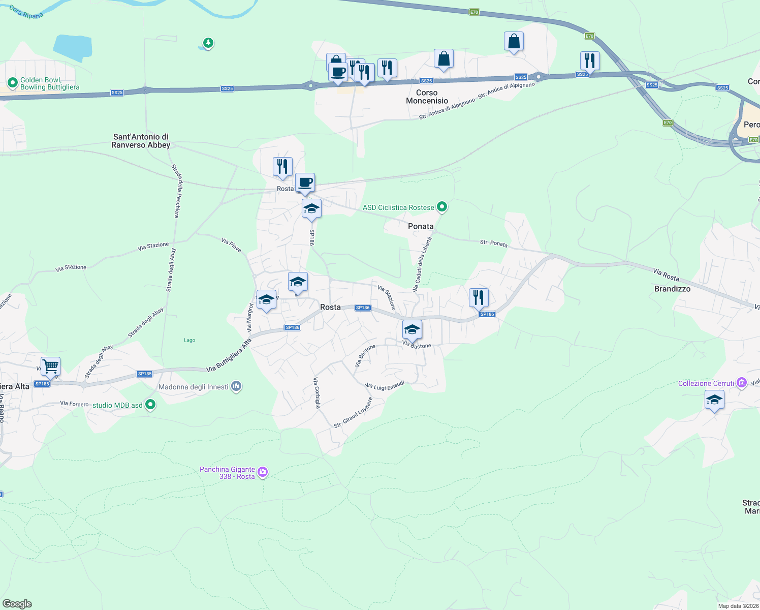 map of restaurants, bars, coffee shops, grocery stores, and more near 42 Via Rivoli in Rosta
