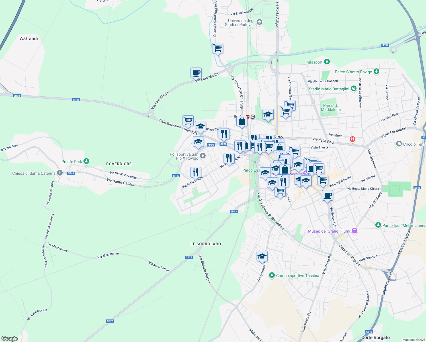 map of restaurants, bars, coffee shops, grocery stores, and more near 5 Via Antonio Vivaldi in Rovigo