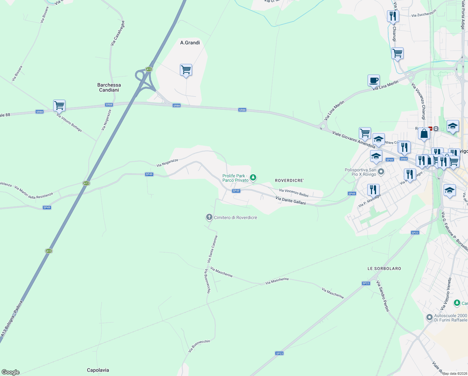 map of restaurants, bars, coffee shops, grocery stores, and more near 25 Via Ponte Santa Croce in Rovigo