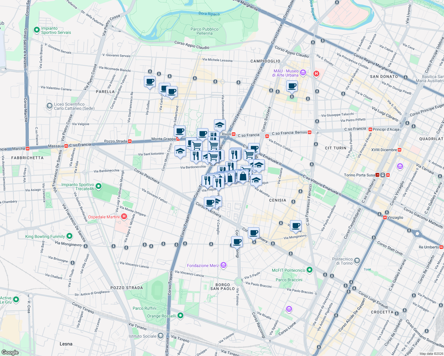 map of restaurants, bars, coffee shops, grocery stores, and more near 25 Via Luigi Capriolo in Turin