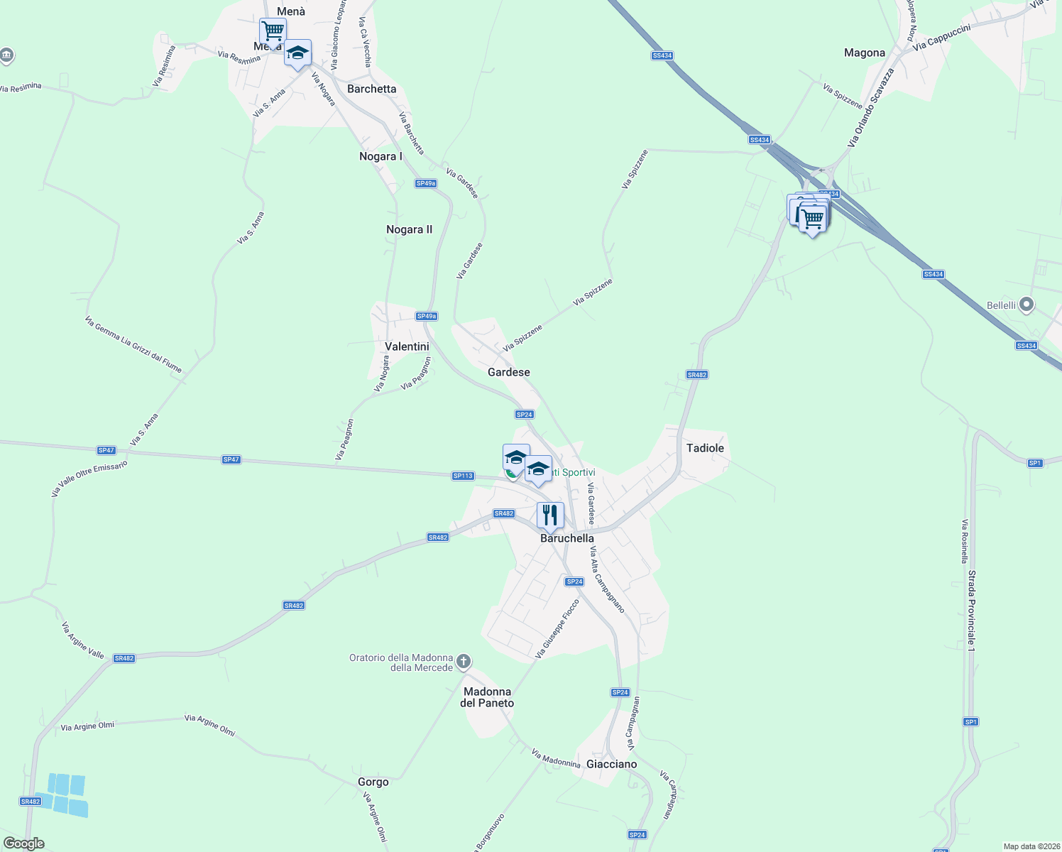 map of restaurants, bars, coffee shops, grocery stores, and more near 791 Via Gardese in Gardese