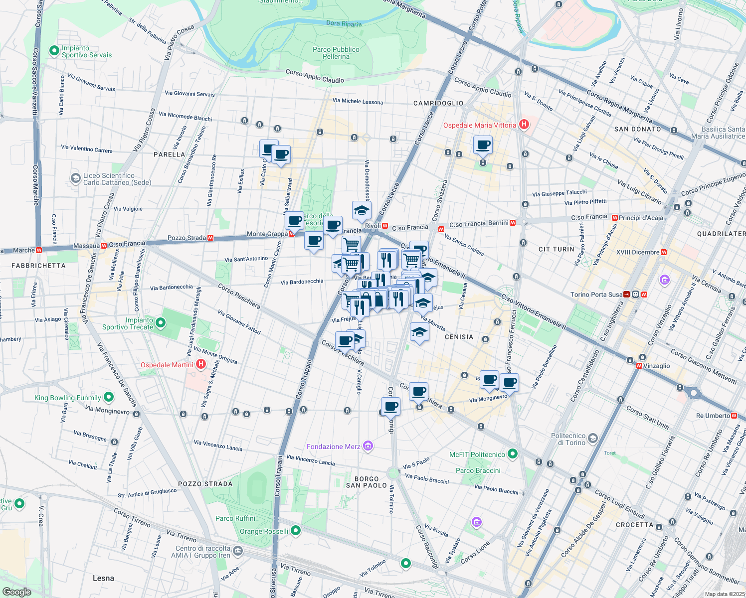 map of restaurants, bars, coffee shops, grocery stores, and more near 20 Via Monte Albergian in Torino