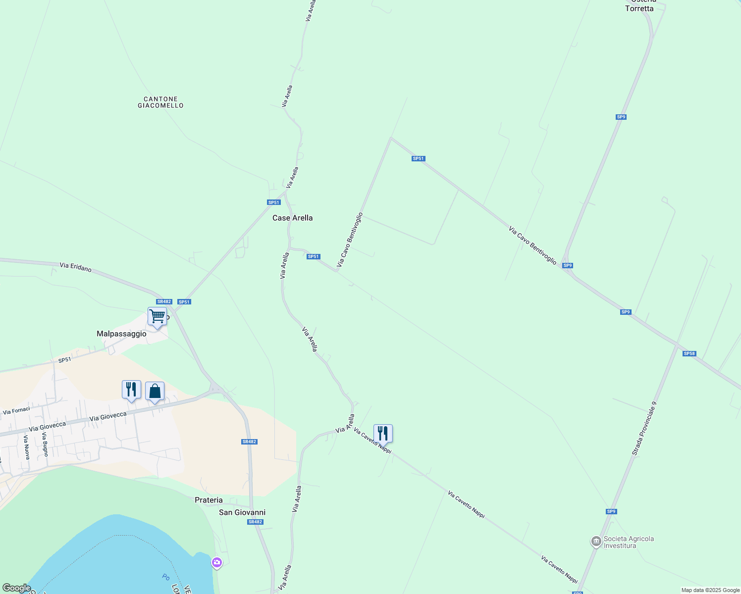 map of restaurants, bars, coffee shops, grocery stores, and more near 660 SP51 in Provincia di Rovigo