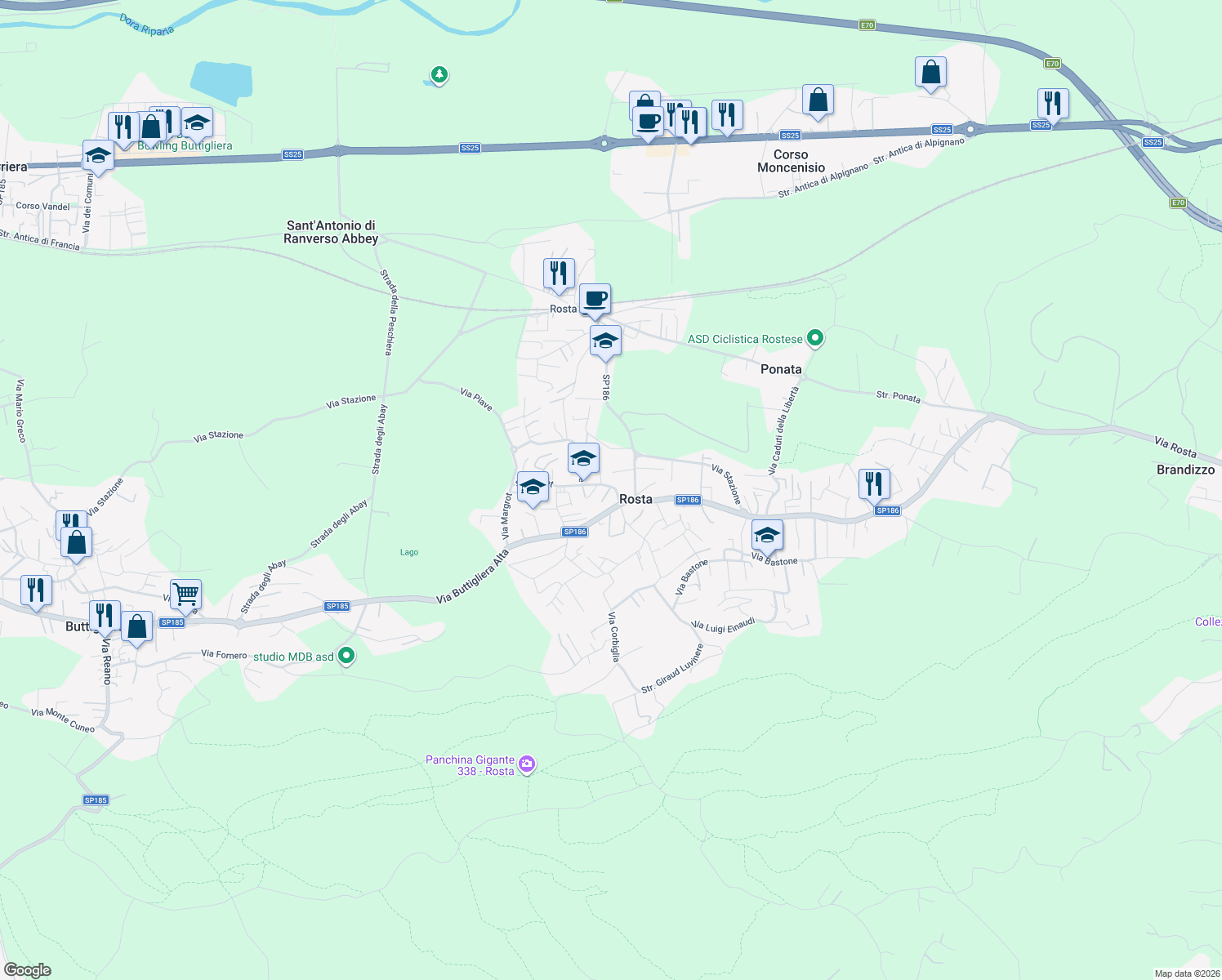 map of restaurants, bars, coffee shops, grocery stores, and more near 92 Via Piave in Rosta