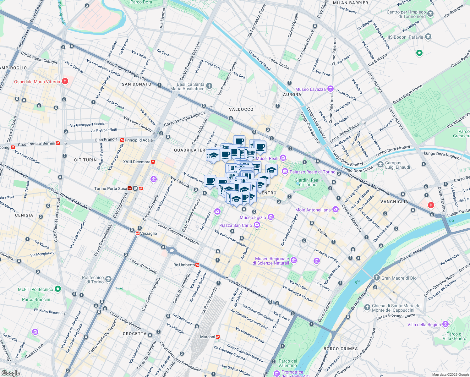 map of restaurants, bars, coffee shops, grocery stores, and more near 32 Via Monte di Pietà in Torino