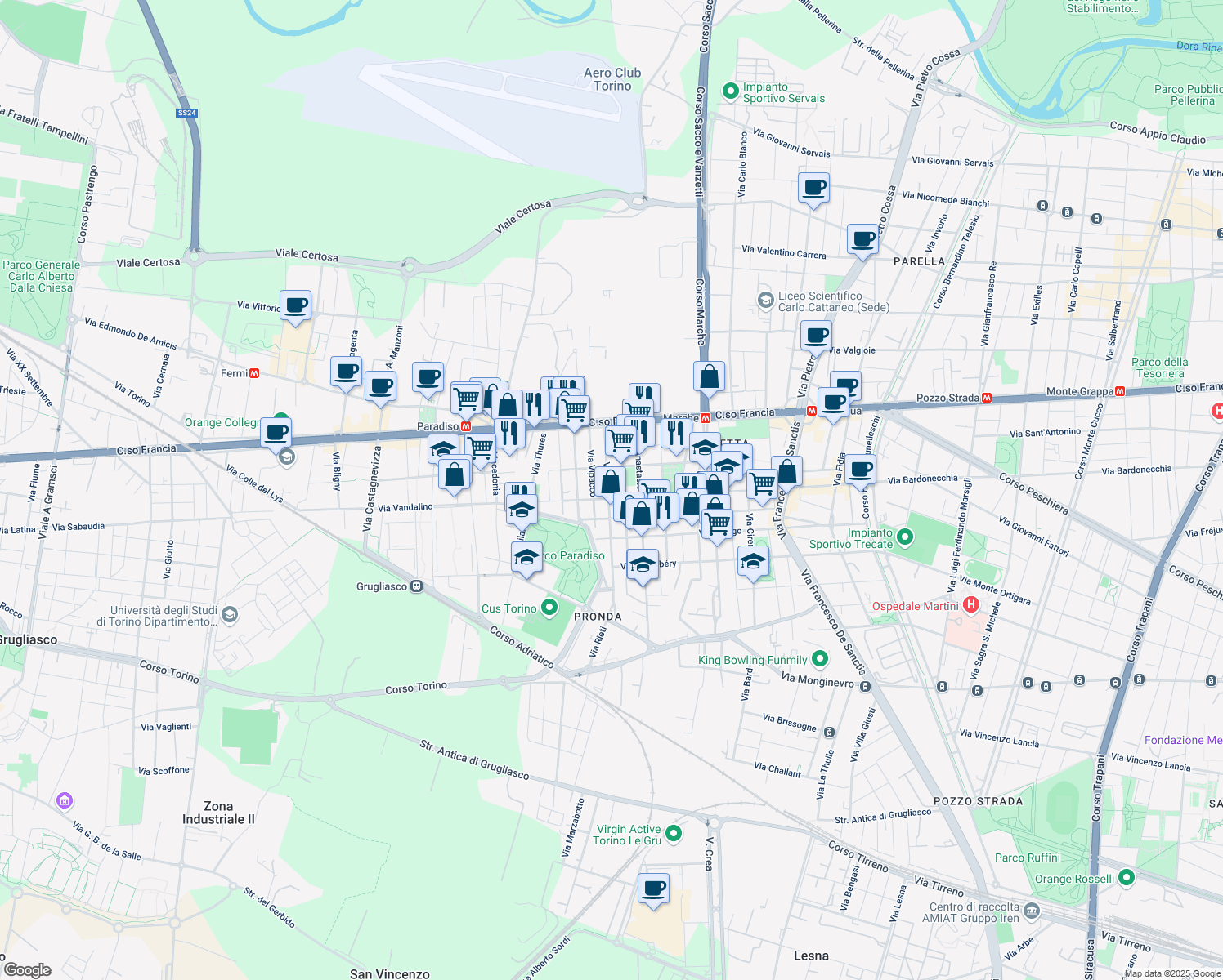map of restaurants, bars, coffee shops, grocery stores, and more near 25-35 Via Rieti in Torino