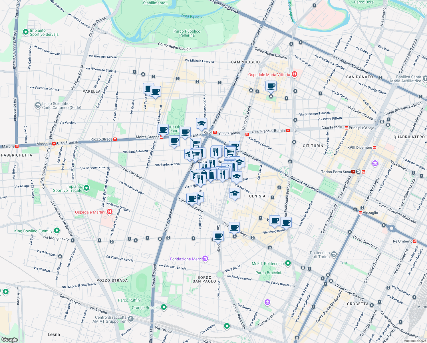 map of restaurants, bars, coffee shops, grocery stores, and more near 20 Via Monte Albergian in Torino