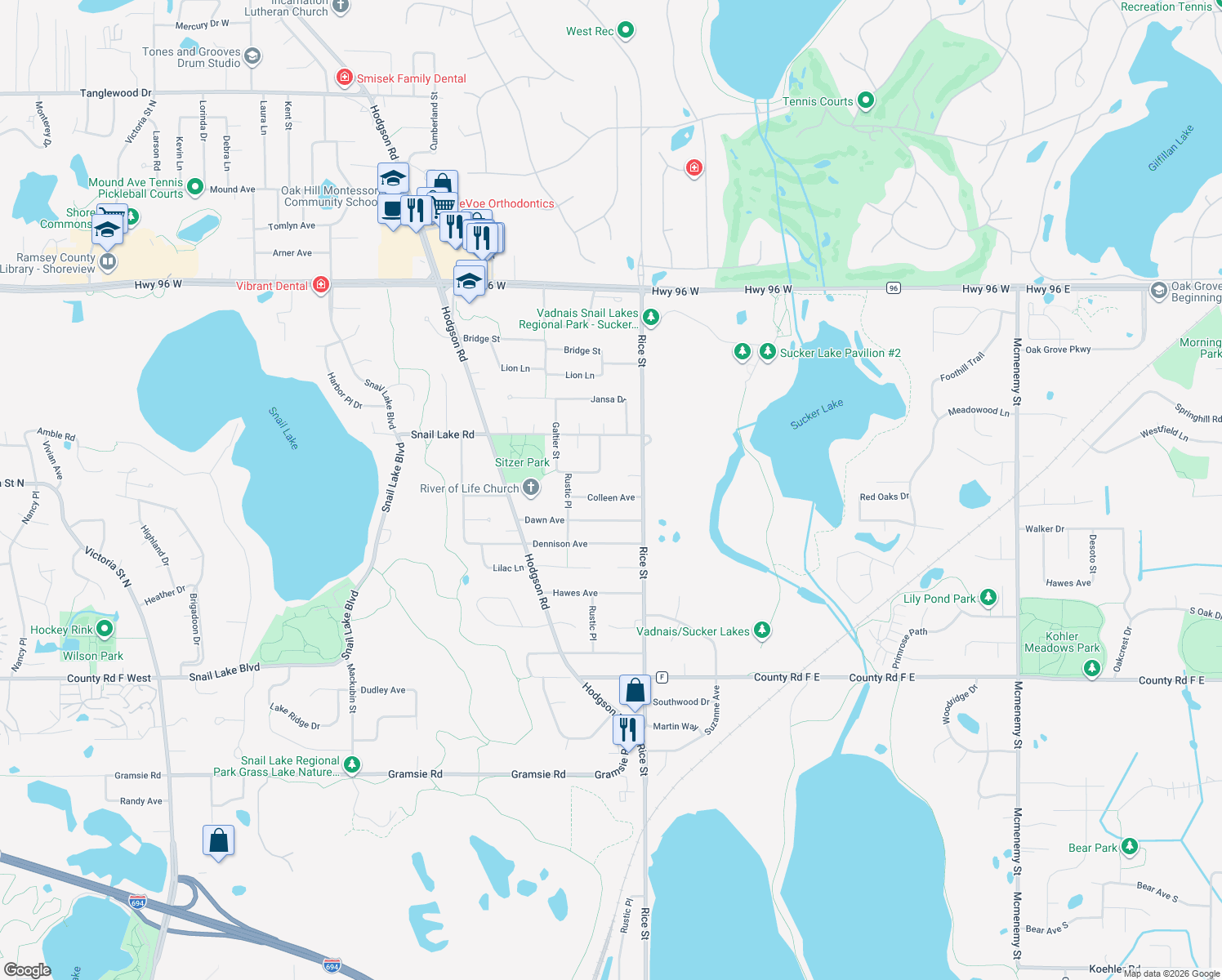 map of restaurants, bars, coffee shops, grocery stores, and more near 181 Colleen Avenue in Shoreview