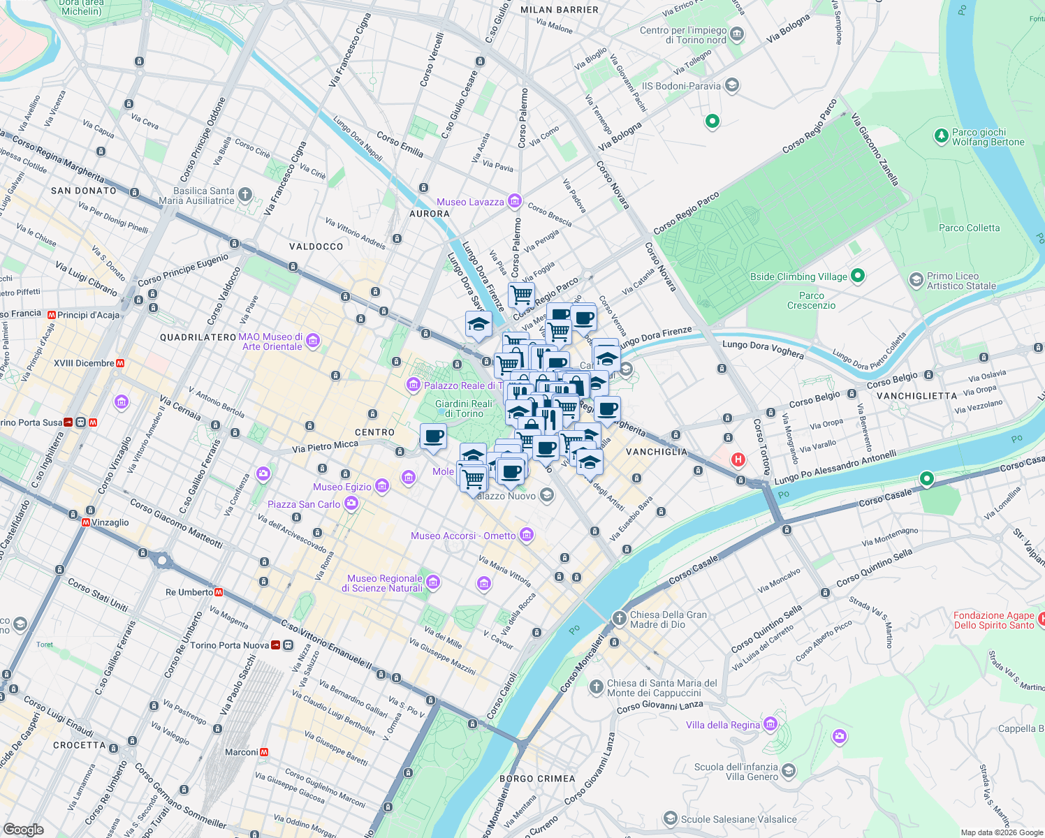 map of restaurants, bars, coffee shops, grocery stores, and more near 20 Via Gioacchino Rossini in Torino