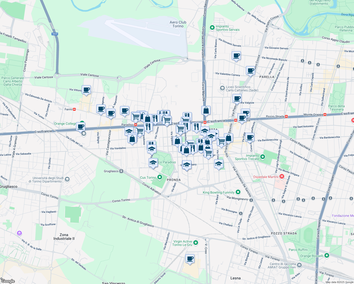 map of restaurants, bars, coffee shops, grocery stores, and more near 35 Via Rieti in Torino